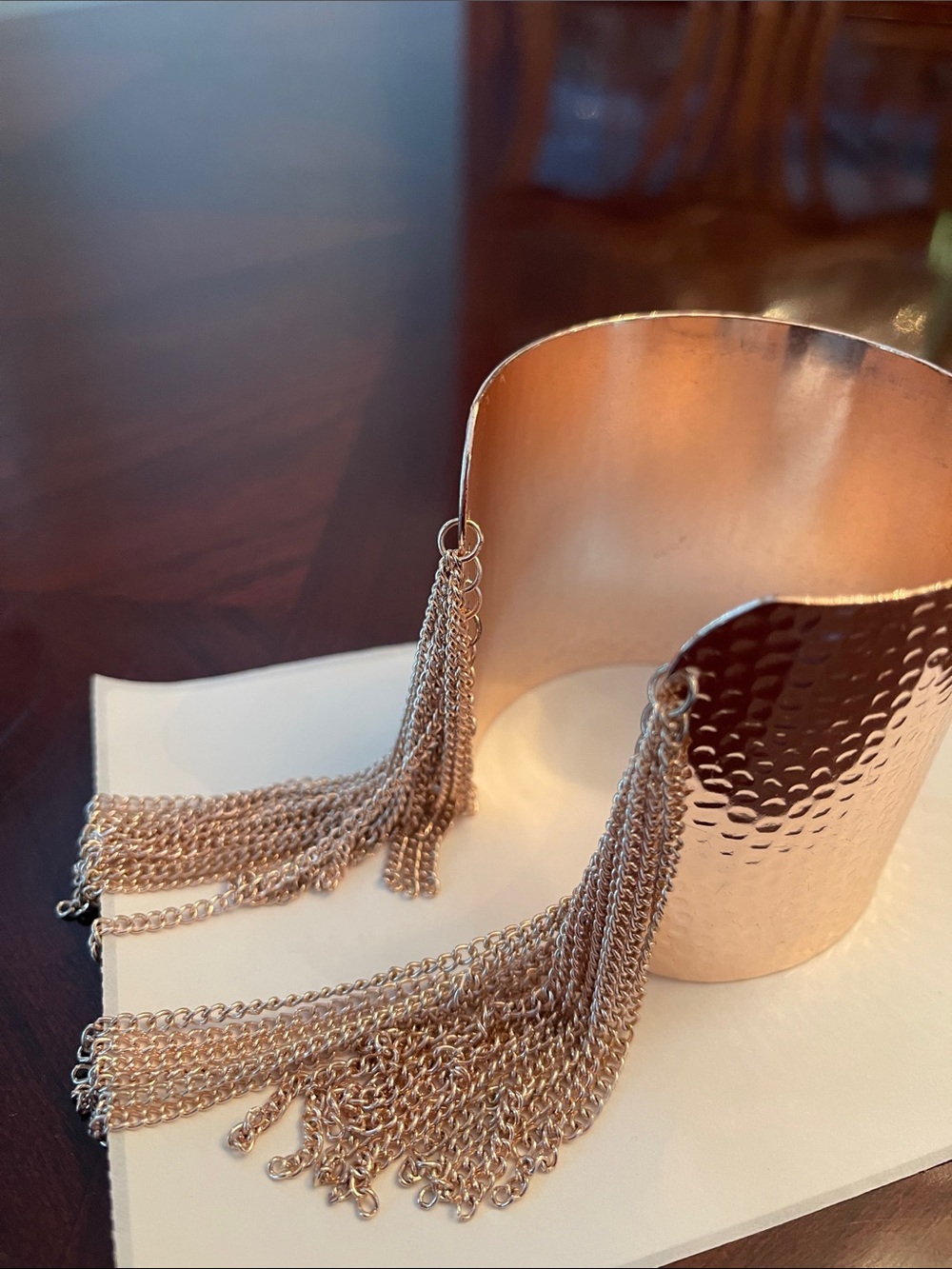 Hammered Rose Gold Cuff Bracelet with Tassel Chains - Picture 3 of 4